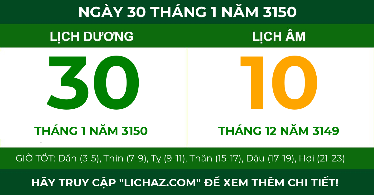 lịch âm ngày 30 tháng 1 năm 3150