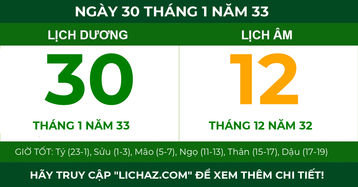 lịch âm ngày 30 tháng 1 năm 33