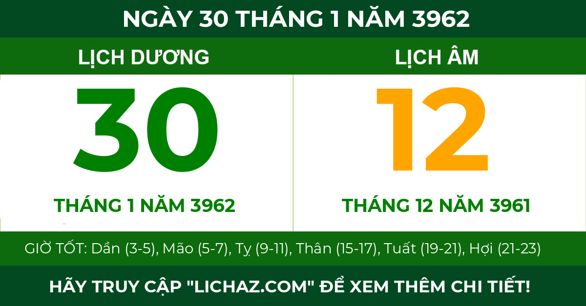 lịch âm ngày 30 tháng 1 năm 3962