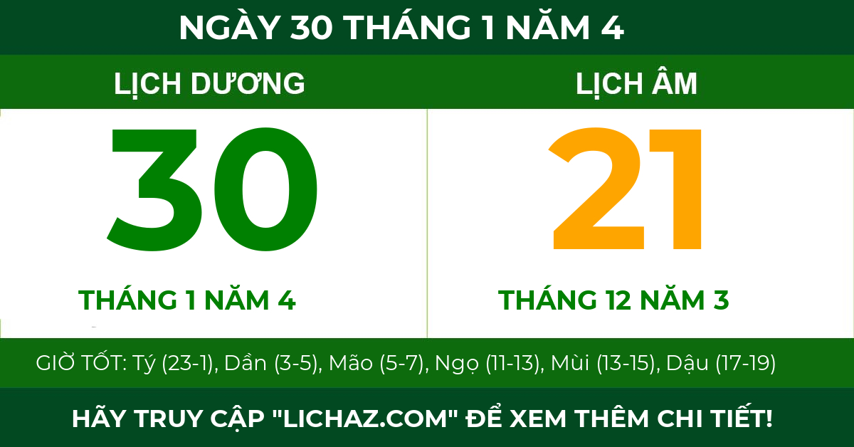 lịch âm ngày 30 tháng 1 năm 4