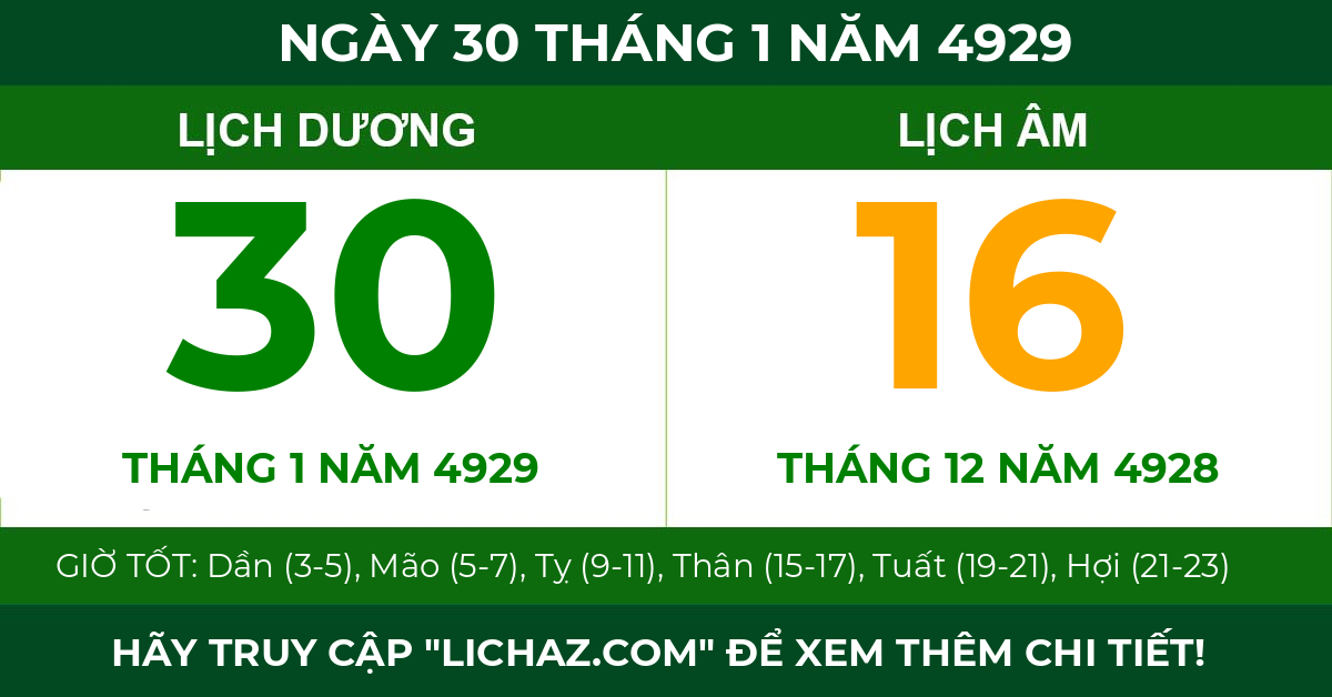 lịch âm ngày 30 tháng 1 năm 4929