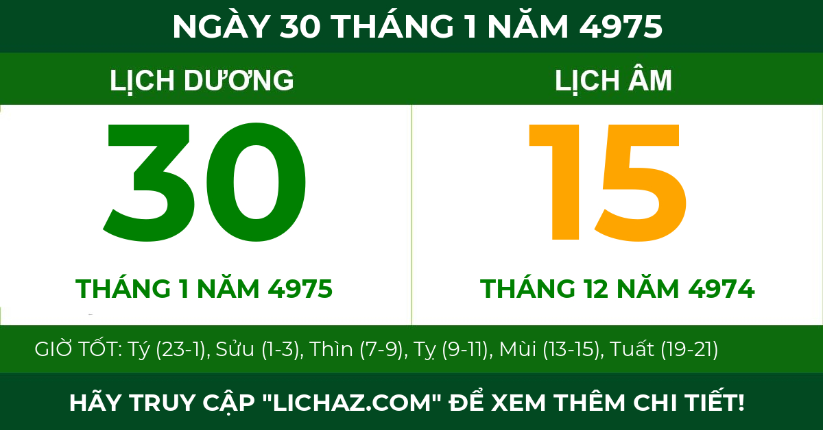 lịch âm ngày 30 tháng 1 năm 4975