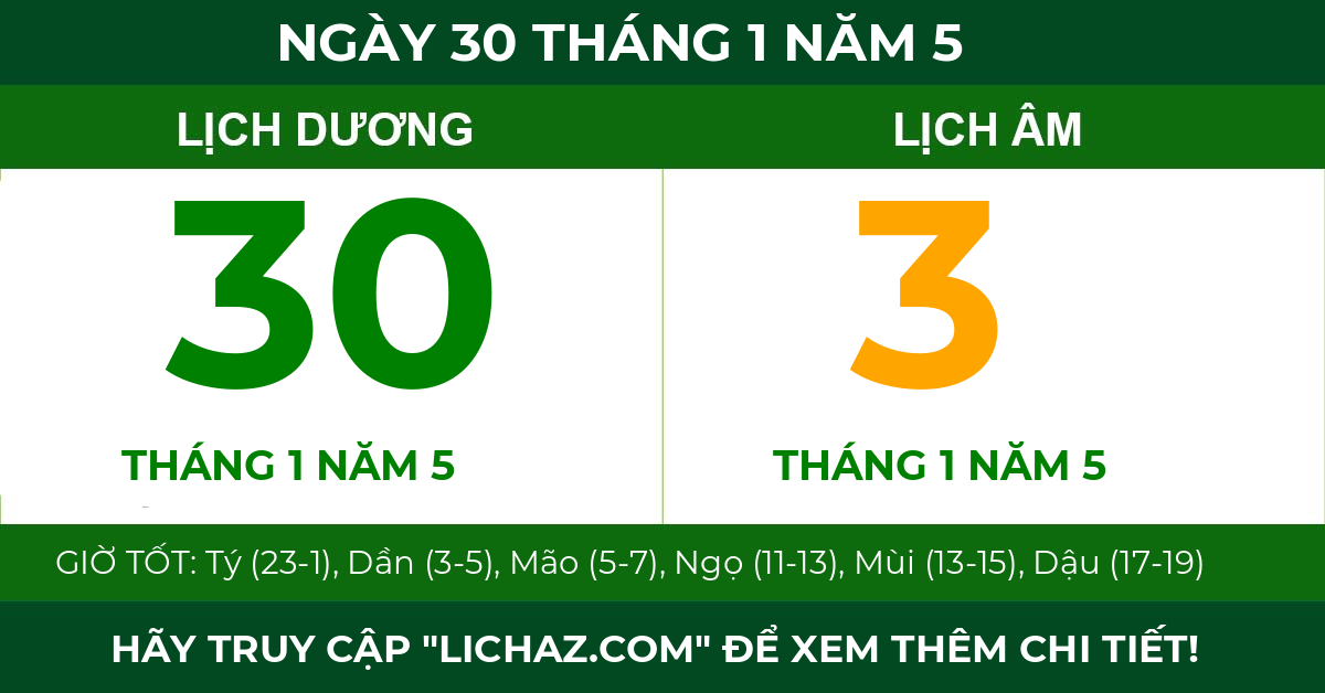 lịch âm ngày 30 tháng 1 năm 5
