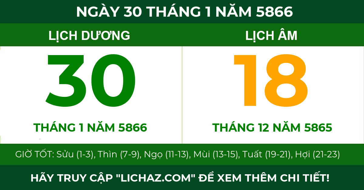 lịch âm ngày 30 tháng 1 năm 5866