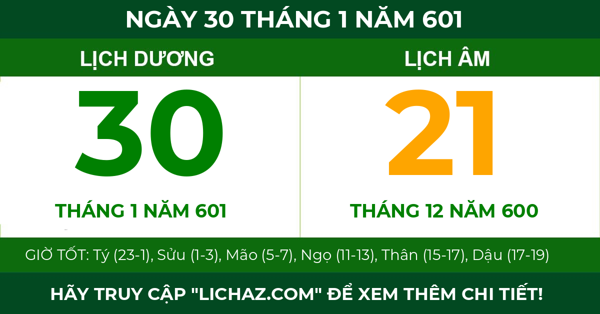lịch âm ngày 30 tháng 1 năm 601