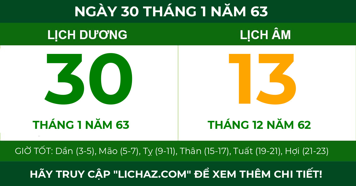 lịch âm ngày 30 tháng 1 năm 63
