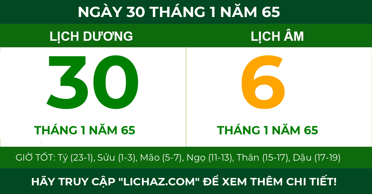 lịch âm ngày 30 tháng 1 năm 65