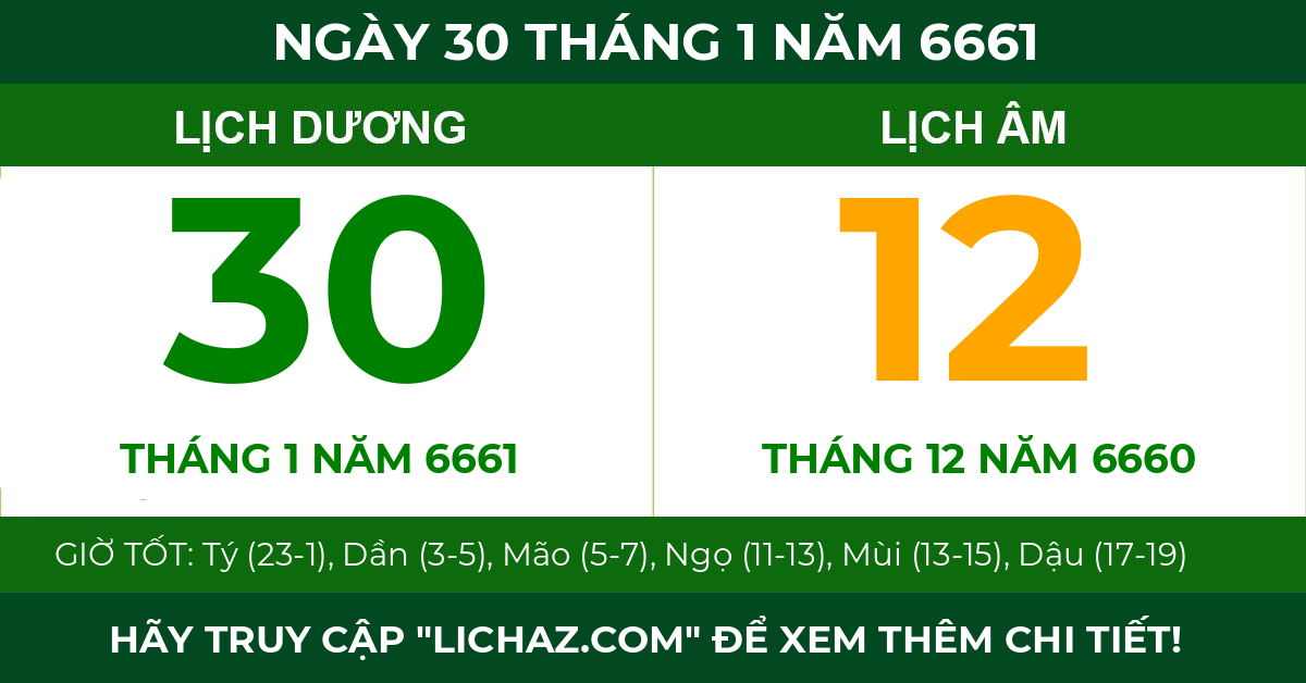 lịch âm ngày 30 tháng 1 năm 6661