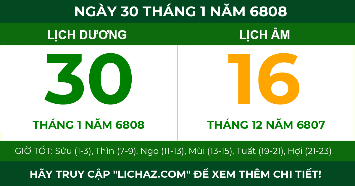 lịch âm ngày 30 tháng 1 năm 6808