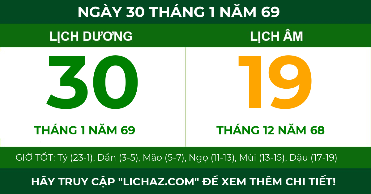 lịch âm ngày 30 tháng 1 năm 69