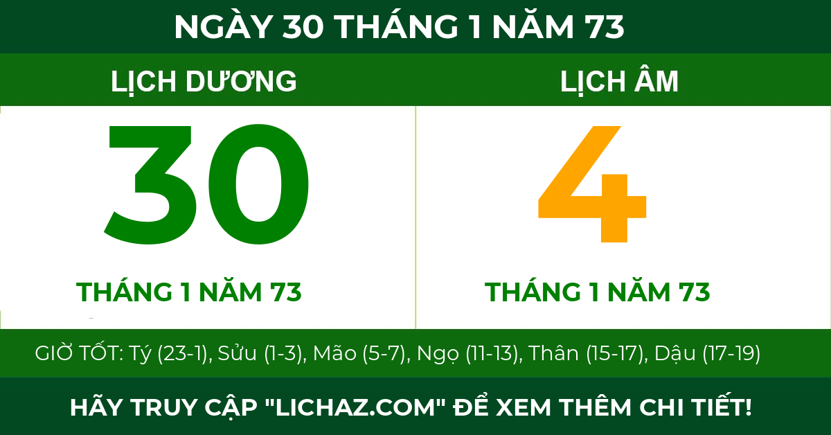 lịch âm ngày 30 tháng 1 năm 73