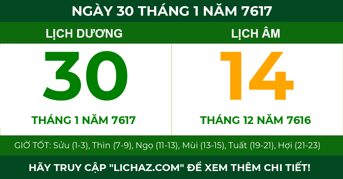 lịch âm ngày 30 tháng 1 năm 7617