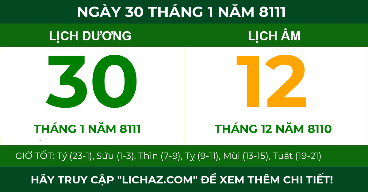 lịch âm ngày 30 tháng 1 năm 8111