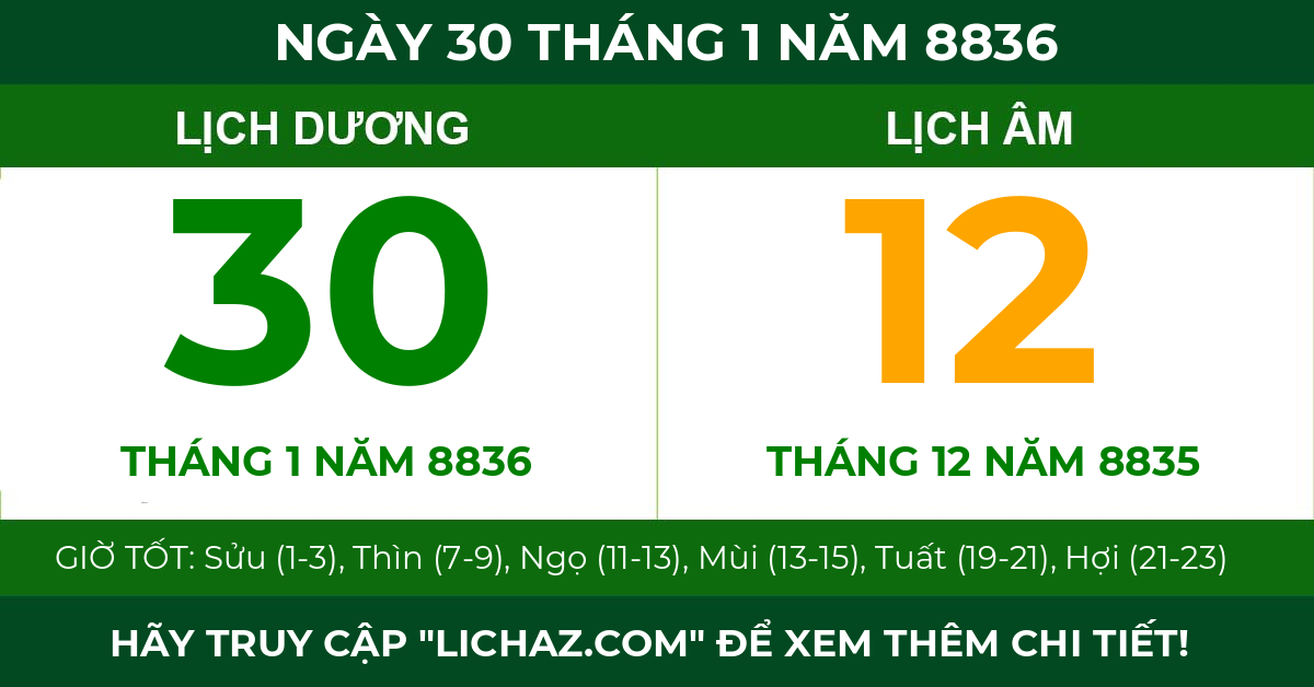 lịch âm ngày 30 tháng 1 năm 8836