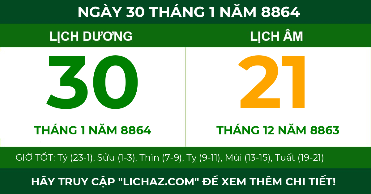 lịch âm ngày 30 tháng 1 năm 8864