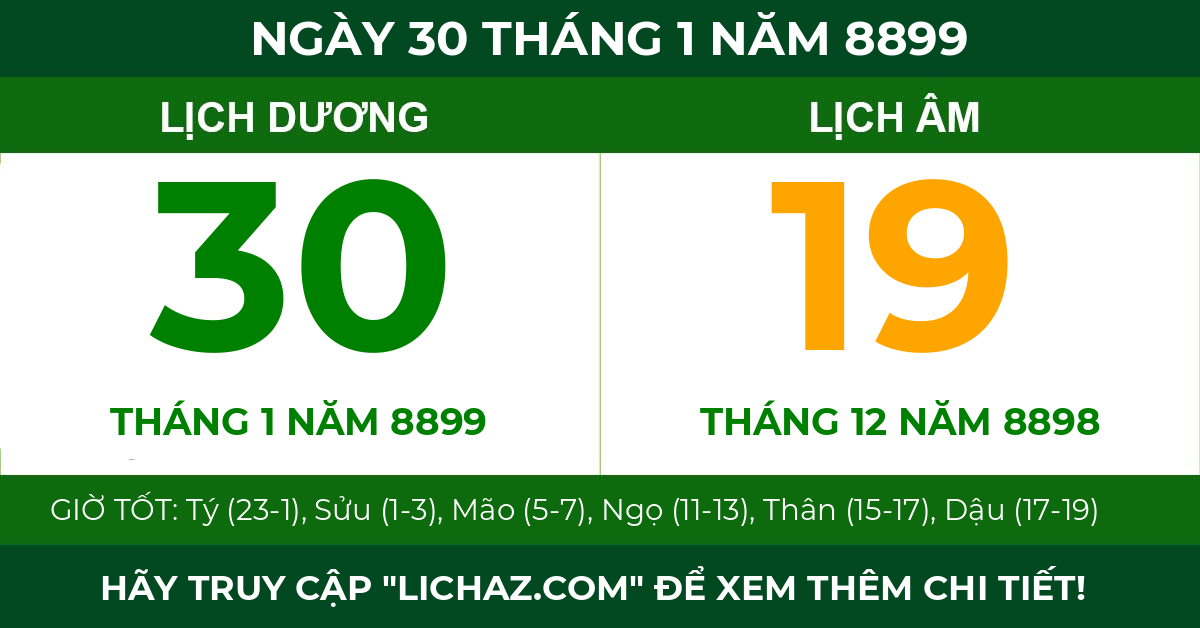 lịch âm ngày 30 tháng 1 năm 8899