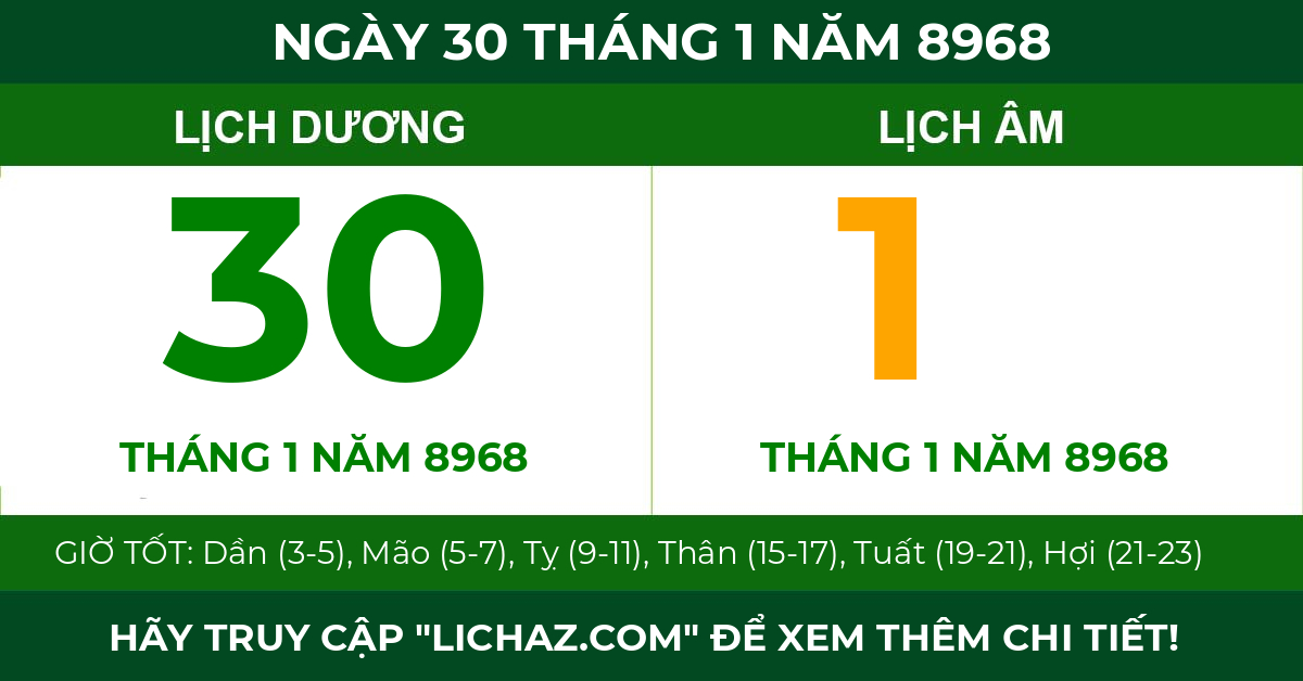 lịch âm ngày 30 tháng 1 năm 8968