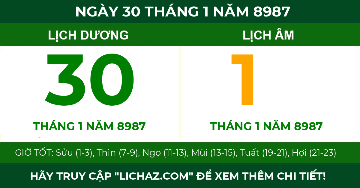 lịch âm ngày 30 tháng 1 năm 8987