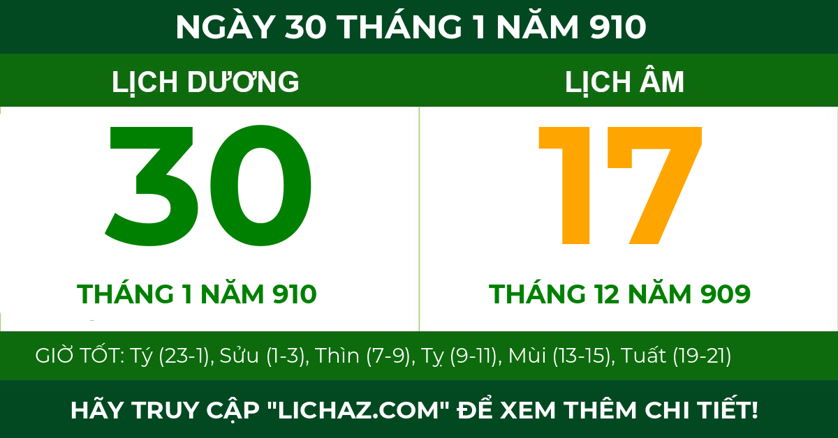 lịch âm ngày 30 tháng 1 năm 910