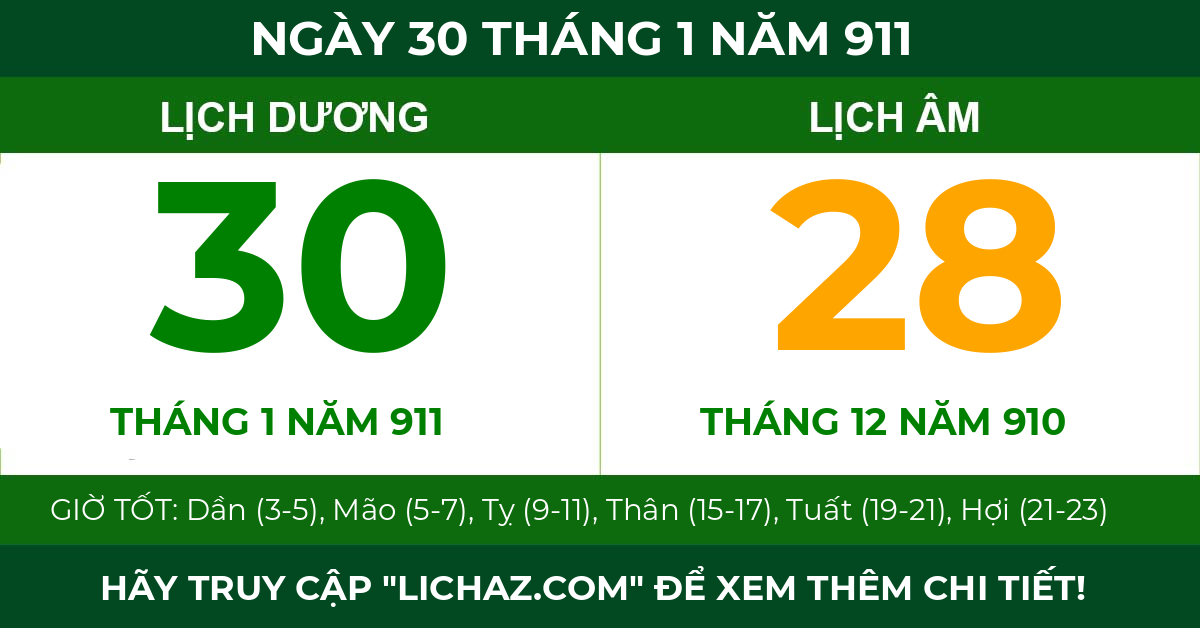 lịch âm ngày 30 tháng 1 năm 911