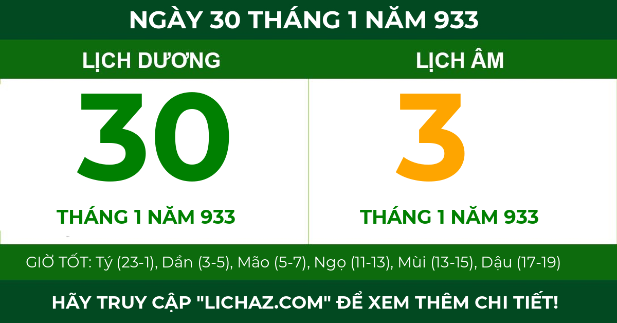 lịch âm ngày 30 tháng 1 năm 933