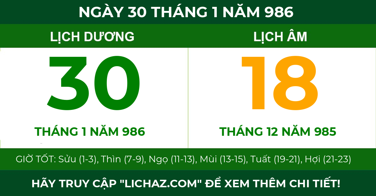 lịch âm ngày 30 tháng 1 năm 986