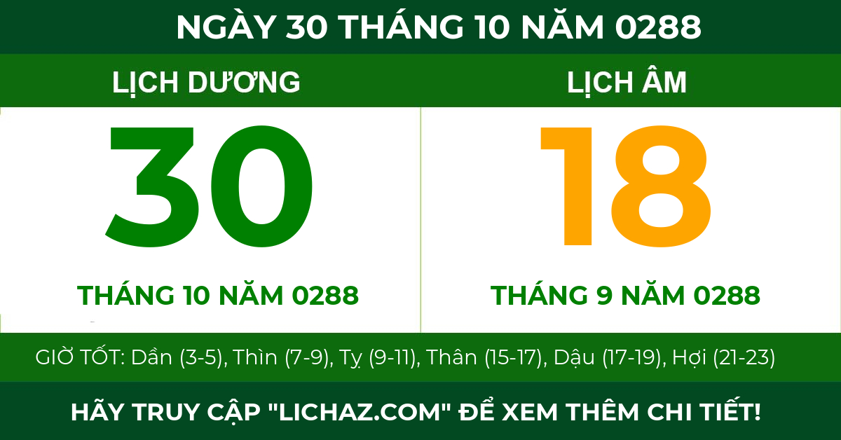 lịch âm ngày 30 tháng 10 năm 0288