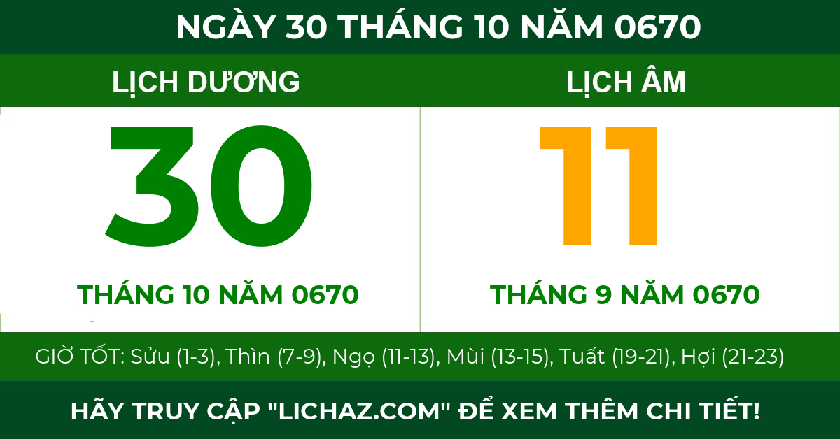 lịch âm ngày 30 tháng 10 năm 0670