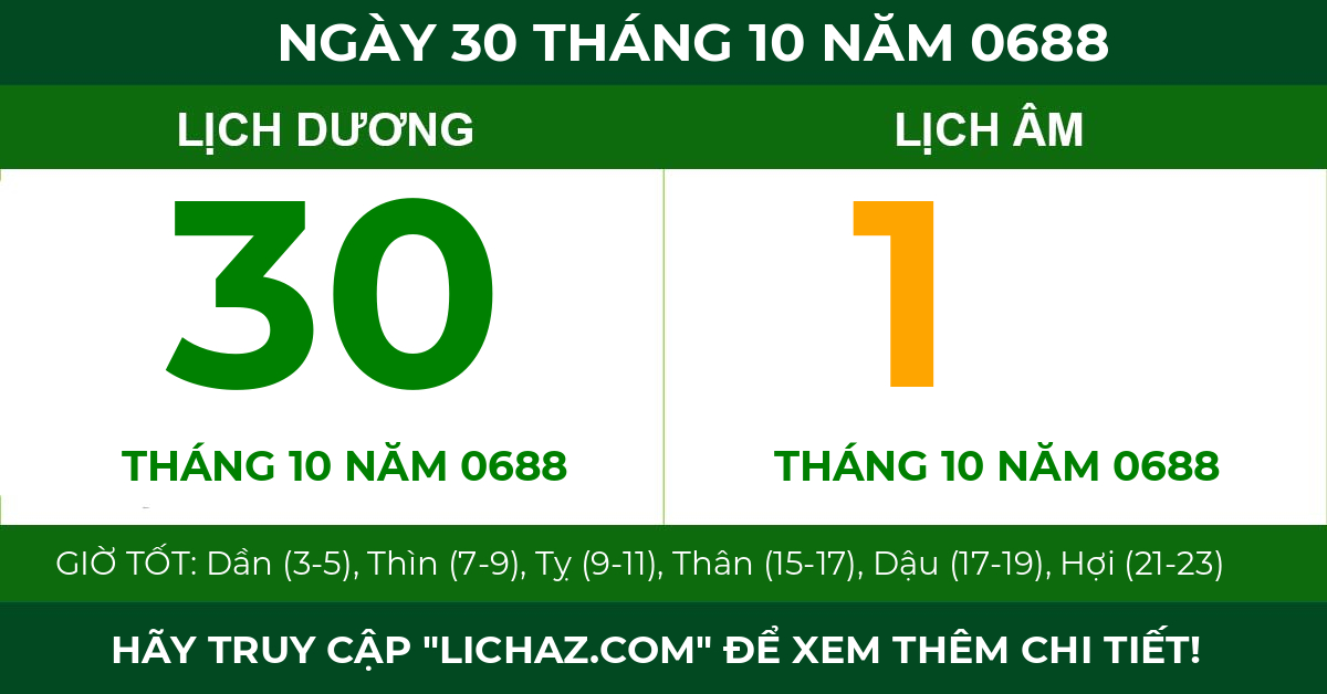 lịch âm ngày 30 tháng 10 năm 0688