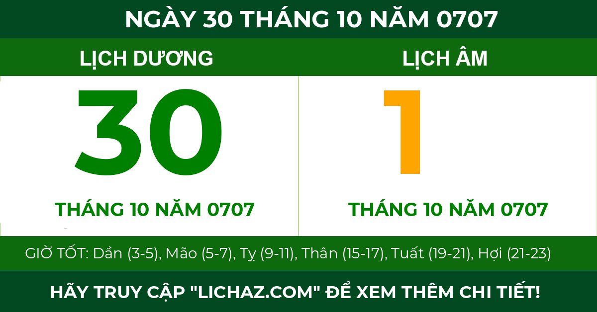lịch âm ngày 30 tháng 10 năm 0707