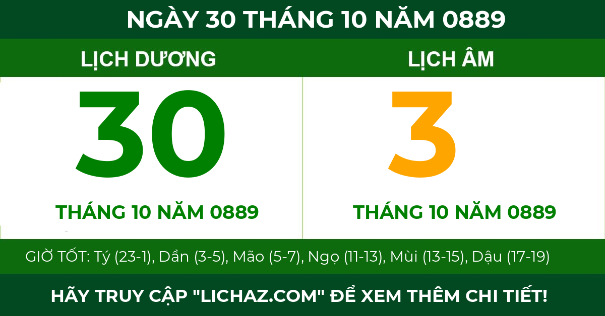 lịch âm ngày 30 tháng 10 năm 0889