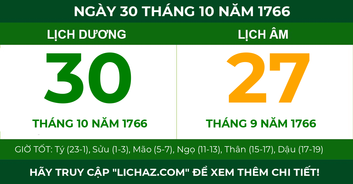 lịch âm ngày 30 tháng 10 năm 1766