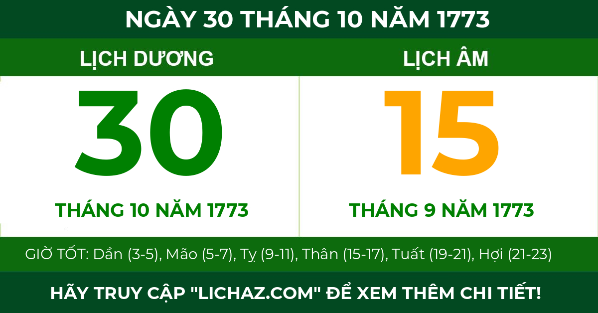 lịch âm ngày 30 tháng 10 năm 1773