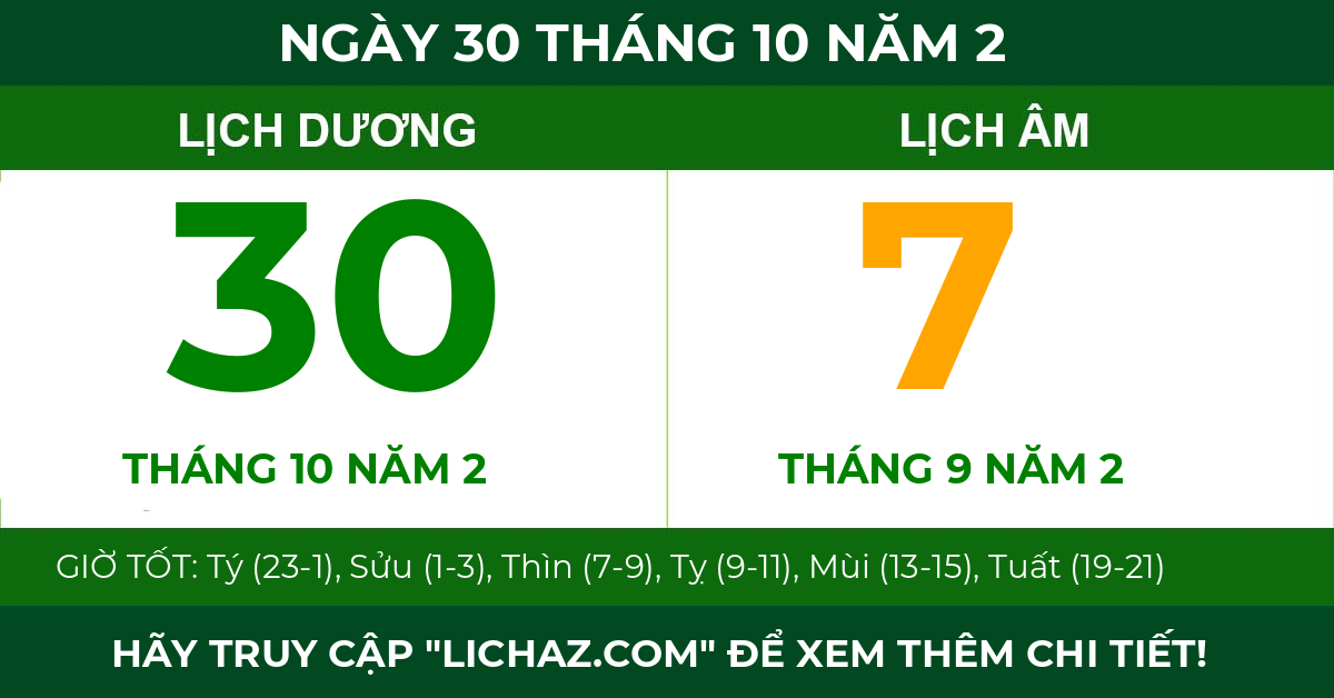 lịch âm ngày 30 tháng 10 năm 2