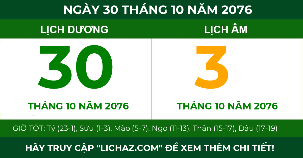 lịch âm ngày 30 tháng 10 năm 2076