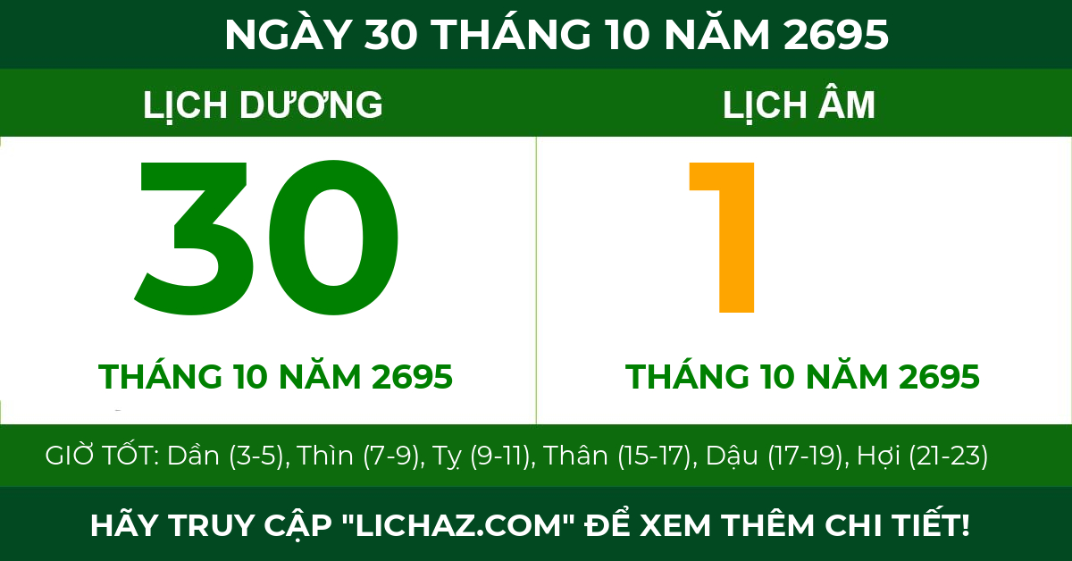 lịch âm ngày 30 tháng 10 năm 2695