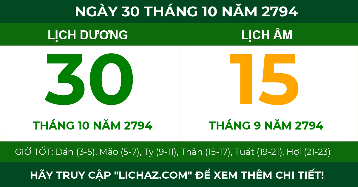 lịch âm ngày 30 tháng 10 năm 2794