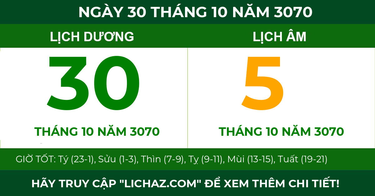 lịch âm ngày 30 tháng 10 năm 3070