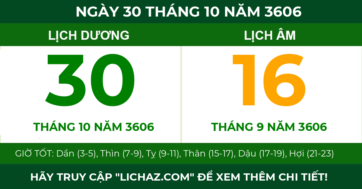 lịch âm ngày 30 tháng 10 năm 3606