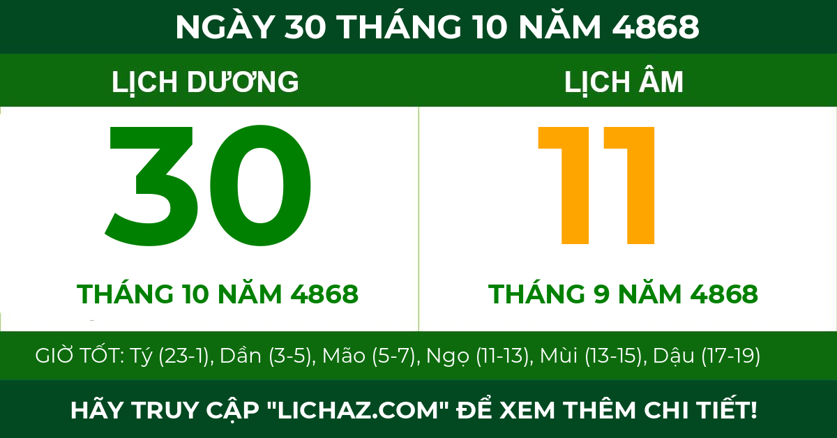 lịch âm ngày 30 tháng 10 năm 4868