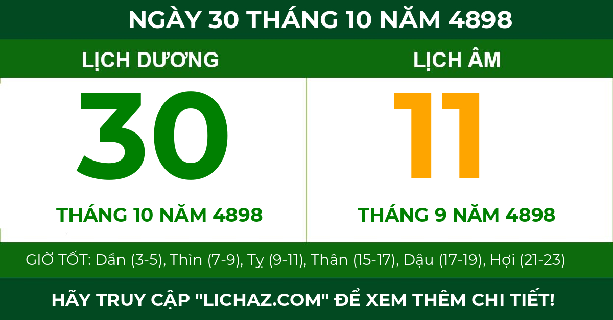 lịch âm ngày 30 tháng 10 năm 4898