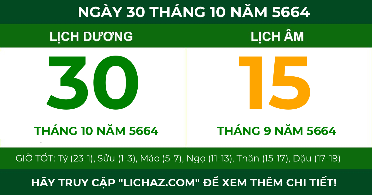 lịch âm ngày 30 tháng 10 năm 5664
