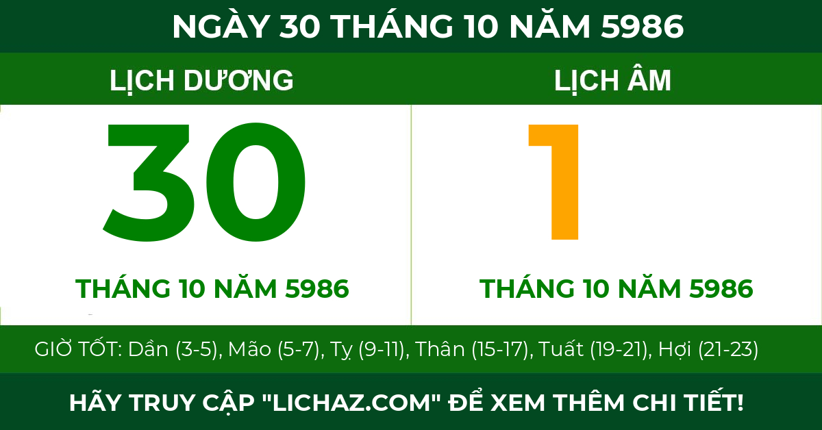 lịch âm ngày 30 tháng 10 năm 5986