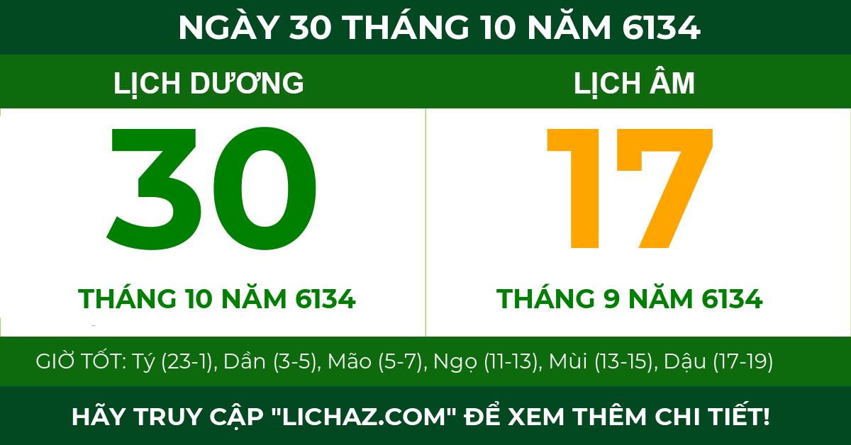 lịch âm ngày 30 tháng 10 năm 6134