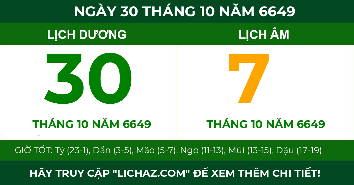 lịch âm ngày 30 tháng 10 năm 6649