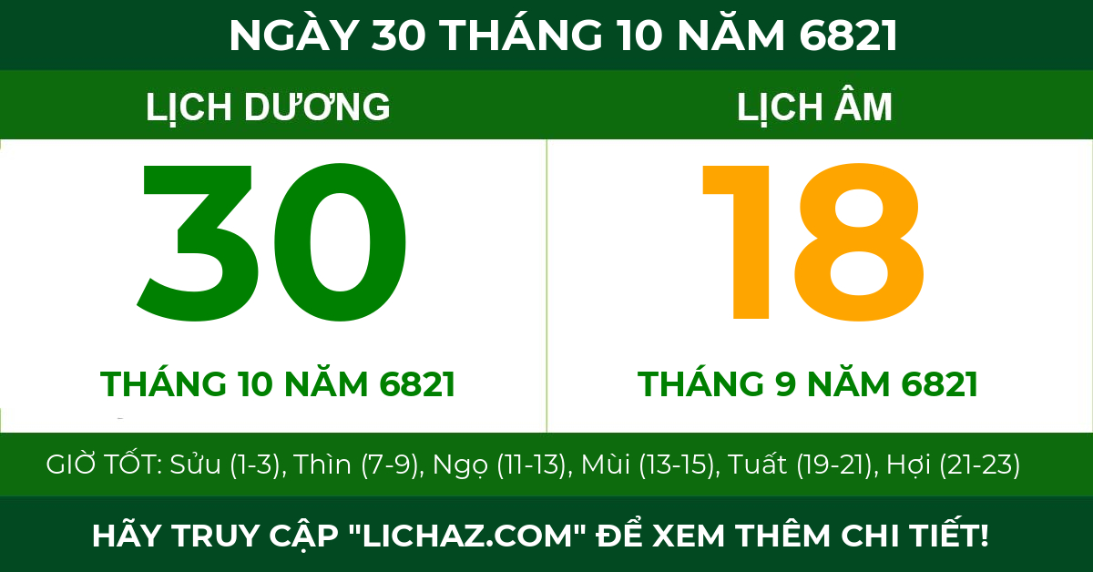 lịch âm ngày 30 tháng 10 năm 6821