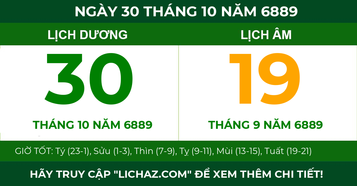 lịch âm ngày 30 tháng 10 năm 6889