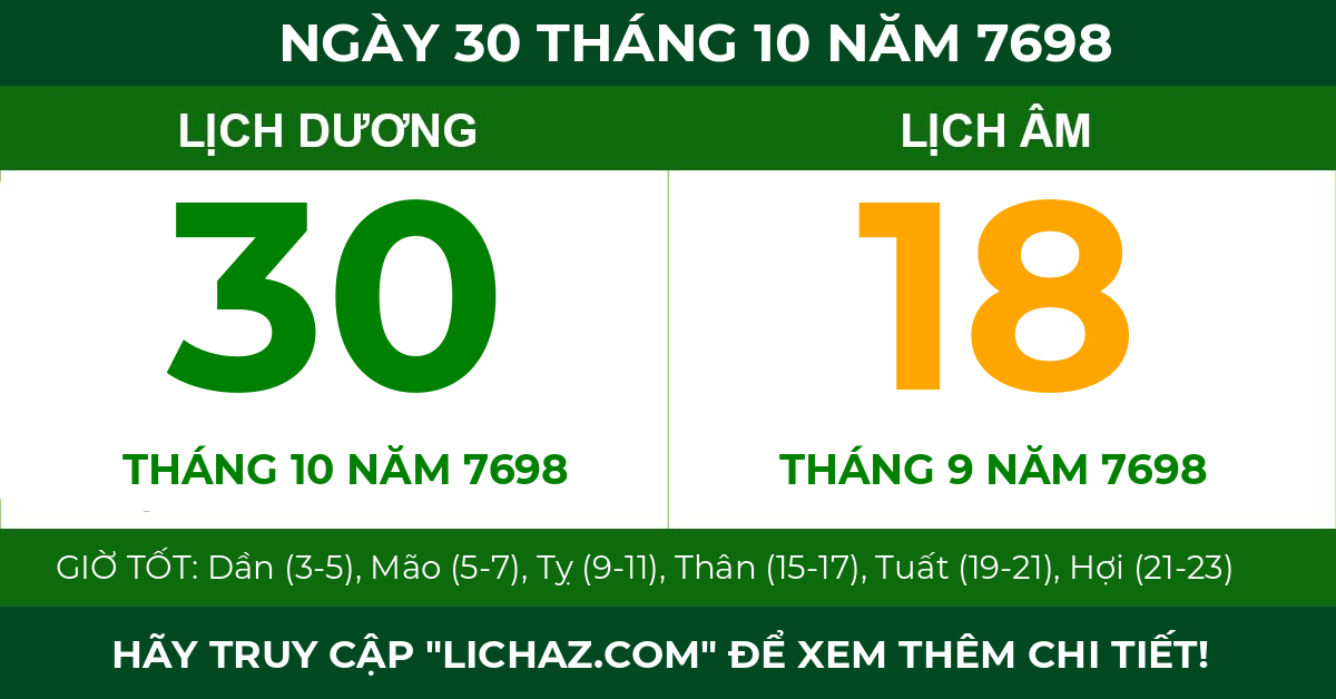 lịch âm ngày 30 tháng 10 năm 7698