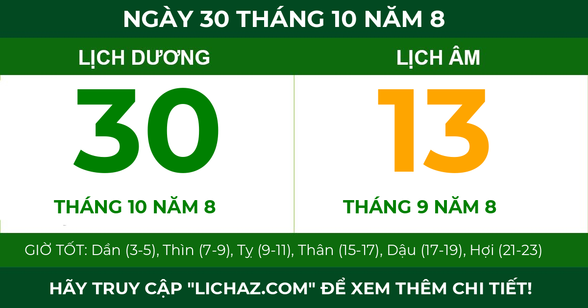 lịch âm ngày 30 tháng 10 năm 8
