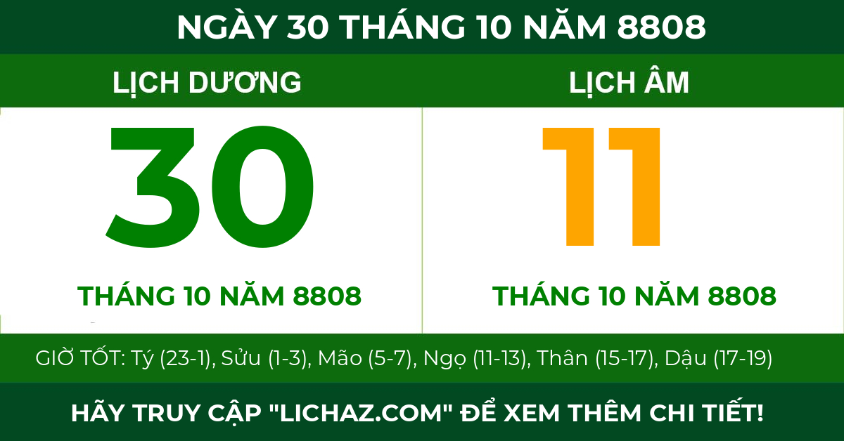lịch âm ngày 30 tháng 10 năm 8808